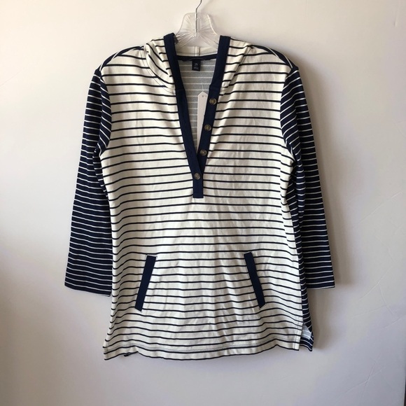 Lighthouse by Lands’ End Striped Hoodie XS NWT Navy White Nautical Pullover - Picture 3 of 4
